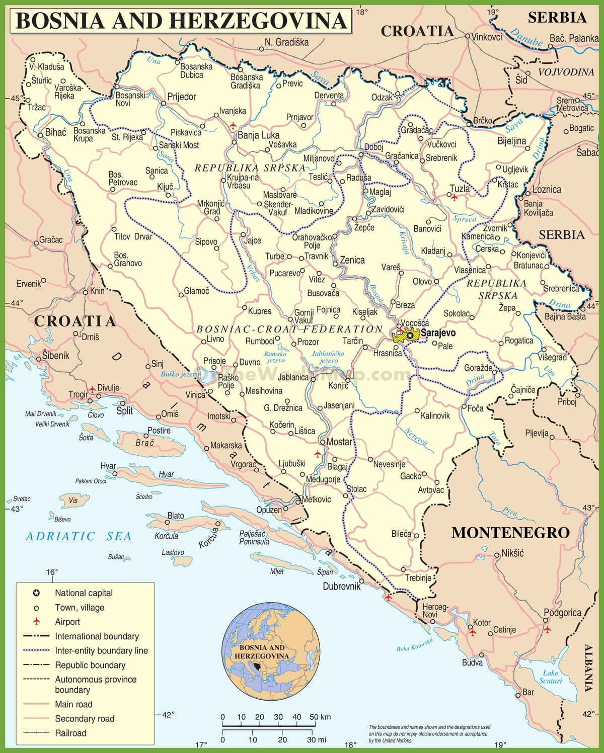 Kaart van Bosnië weg