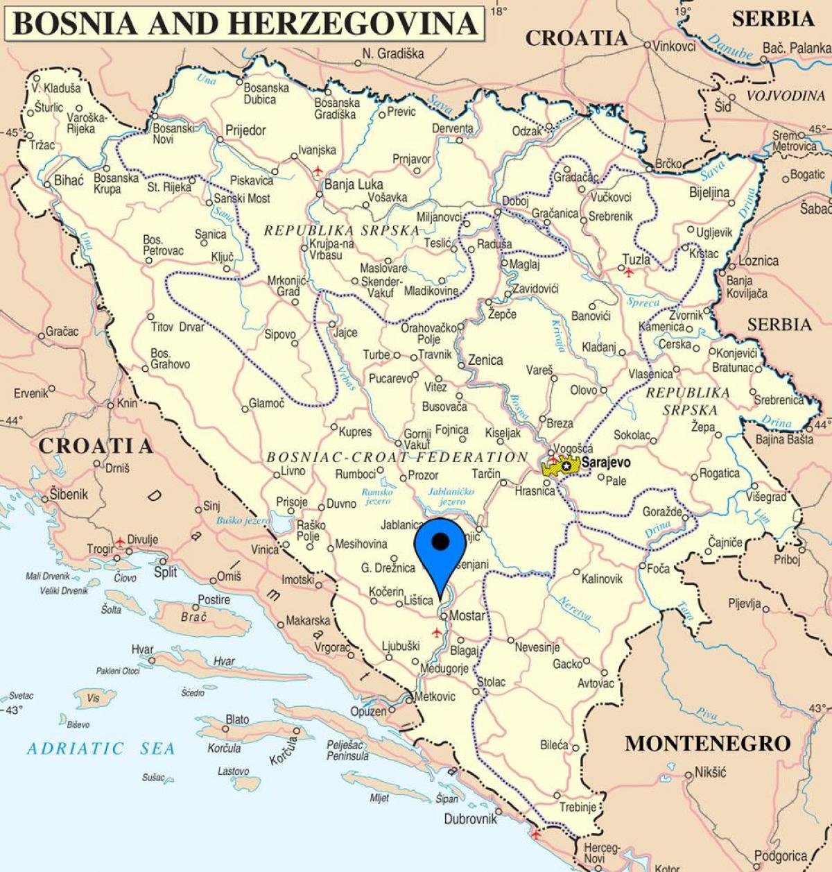 kaart van de stad mostar, Bosnië-Herzegovina